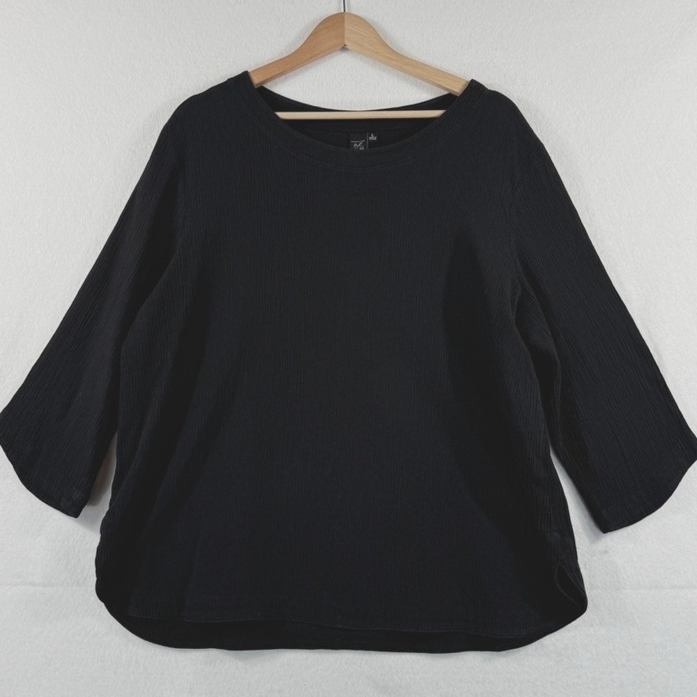 Focus Casual Life Top Women Large Black Crinkle Gauze 3/4 Sleeve Lagenlook Loose